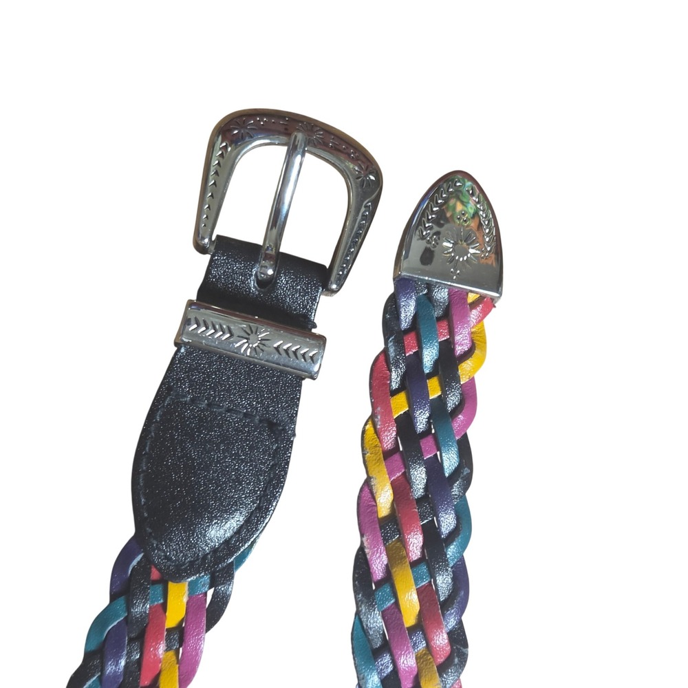 Vintage Omega Multicolor Braided Bonded Leather Western Belt Engraved Buckle M